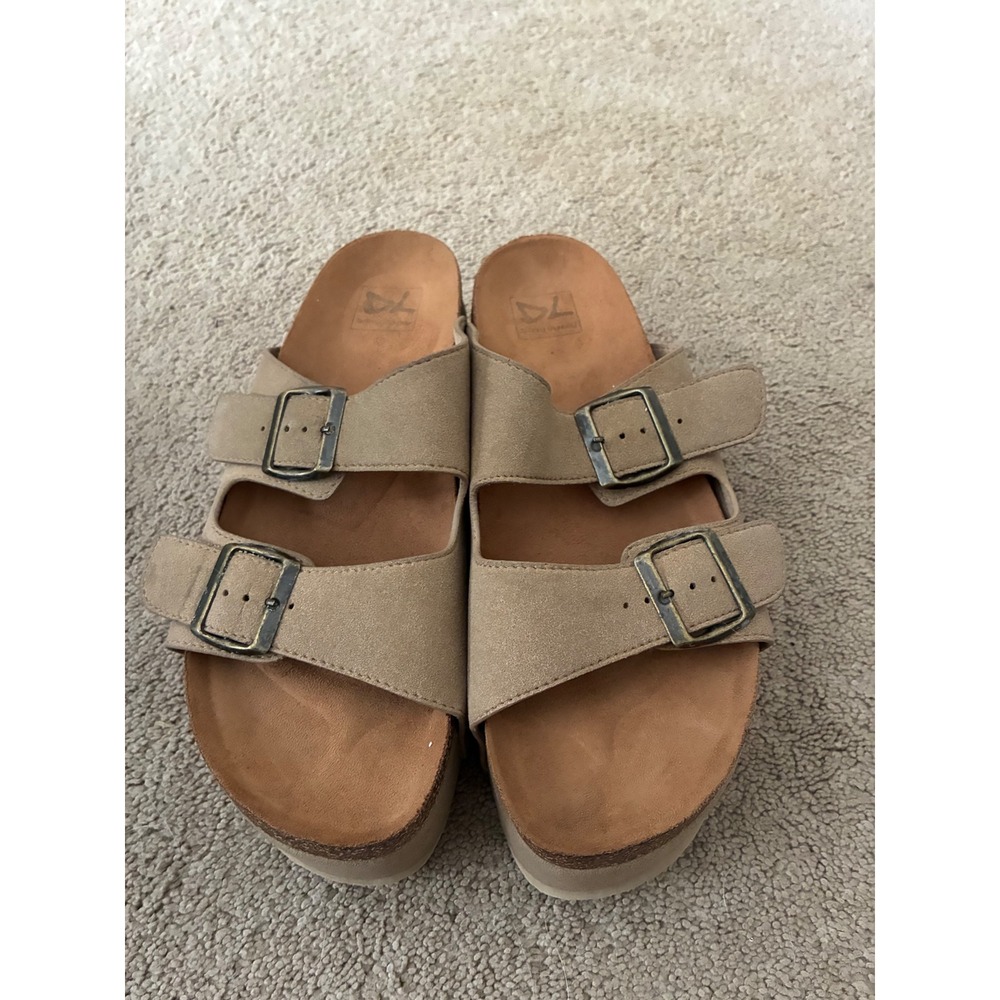 Dirty Laundry Platform Sandals Womens 9 Tan Double Buckle Suede Wedge Slides